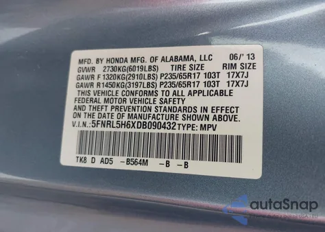 2013 Honda Odyssey Ex-L из США, поврежденный, VIN 5FNRL5H6XDB090432